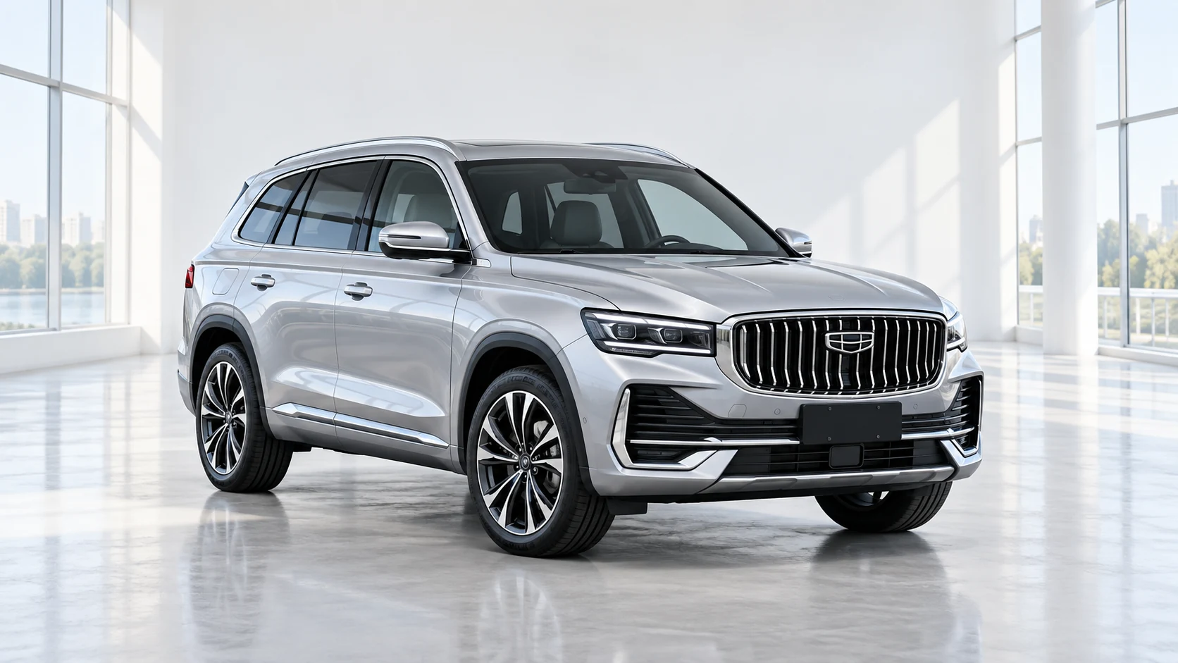 Серебристый Geely в светлой студии — визуализация